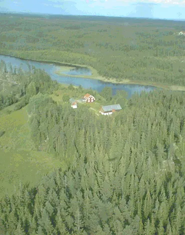 Sjökullen sett från ovan, gården omgiven av skog vid en sjö